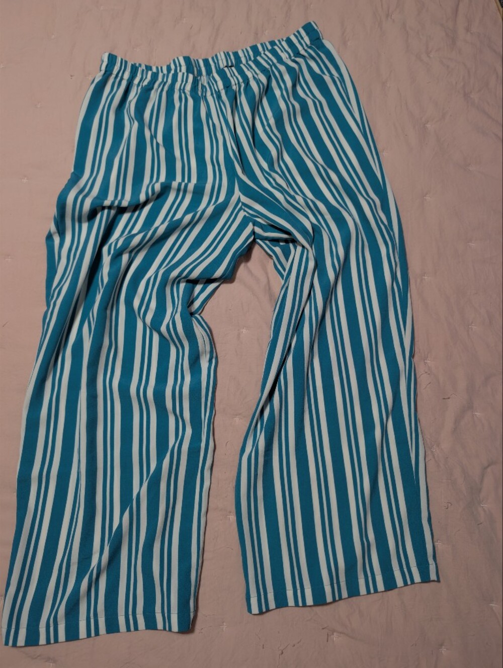 Bob Mackie Wearable Art Teal Striped Wide Leg Pants, Size LP Petite Knit Elastic